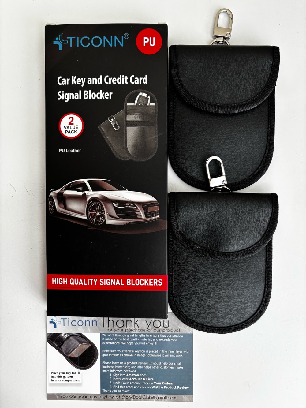 Ticonn PU Car Key and Credit Card Signal Blocking Pouch Black PU 2 Pack - Picture 3 of 3